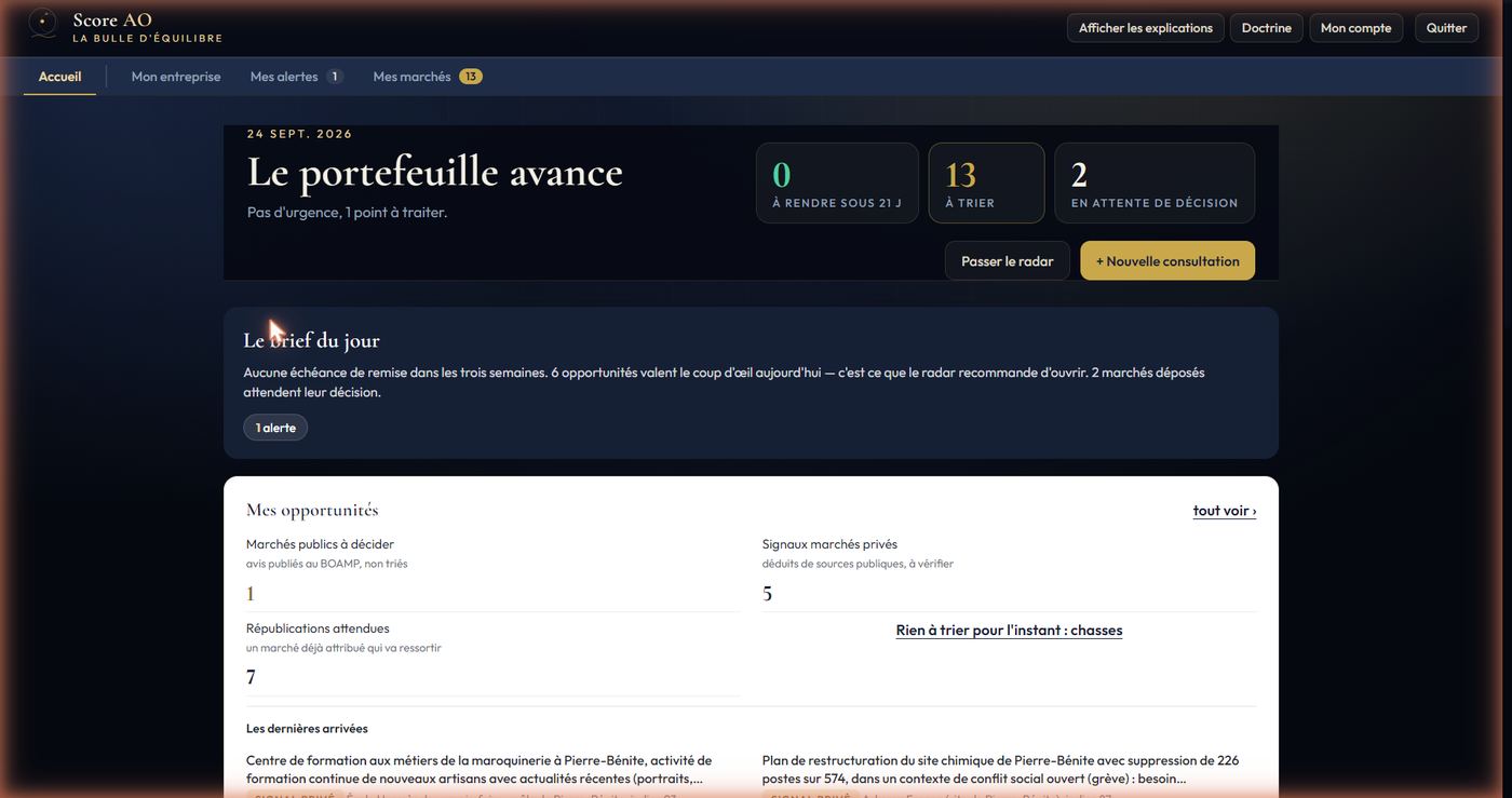 L'accueil de Score AO : ce qui presse aujourd'hui, et la barre du haut en quatre entrées.