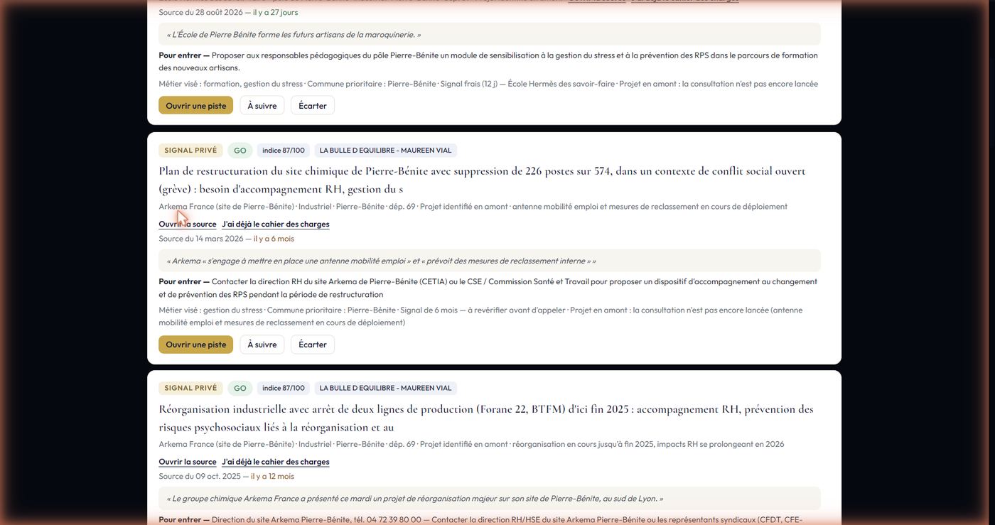 La liste des consultations trouvées par le radar, avec leur note et la raison de cette note.